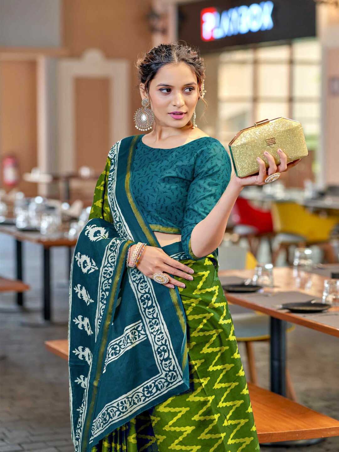 Elegant Bottle Green Printed Pure Cotton Saree with Ethnic Border