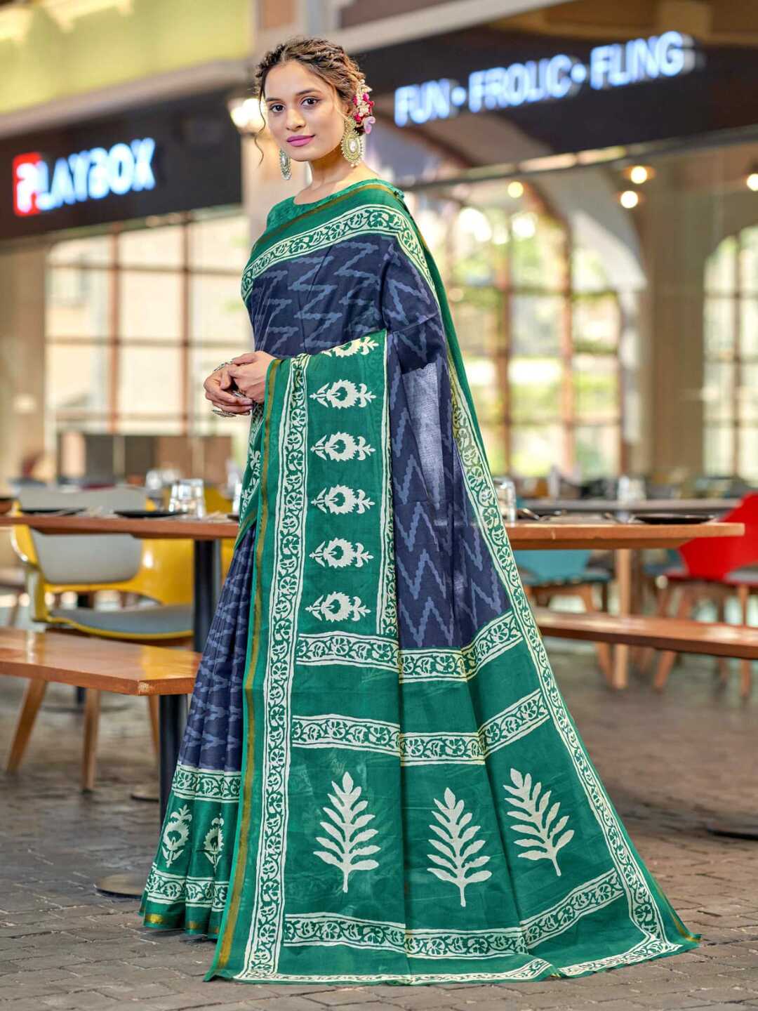 Elegant Bottle Green Printed Pure Cotton Saree with Ethnic Border