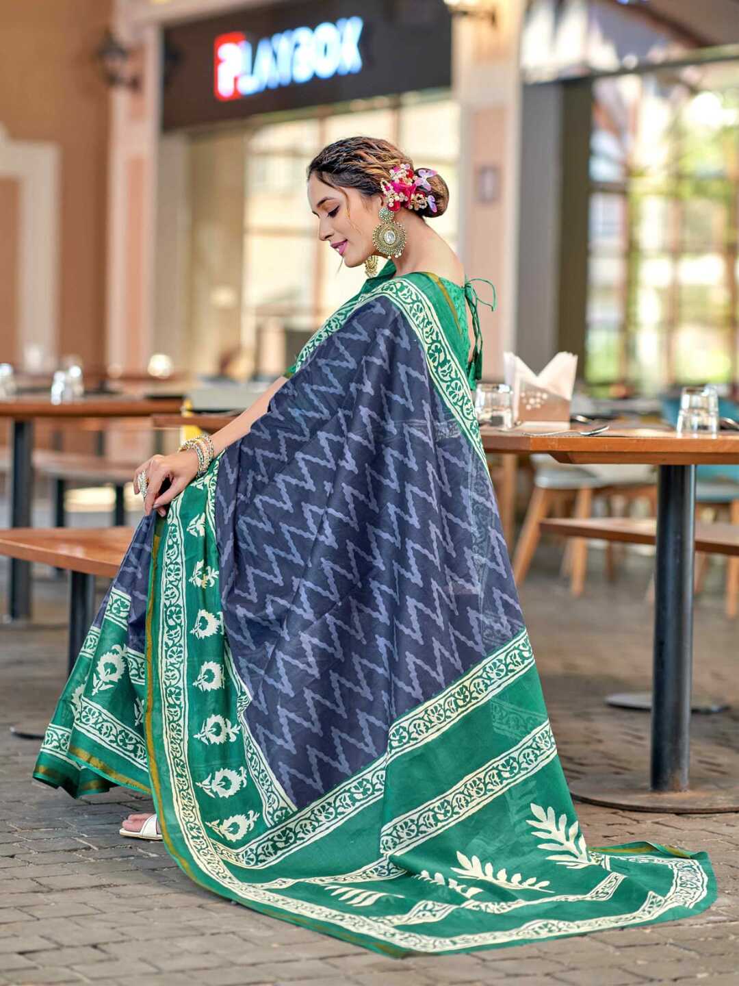 Elegant Bottle Green Printed Pure Cotton Saree with Ethnic Border