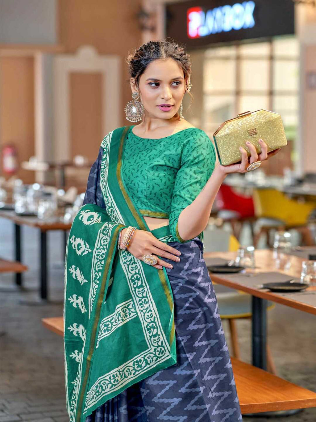 Elegant Bottle Green Printed Pure Cotton Saree with Ethnic Border