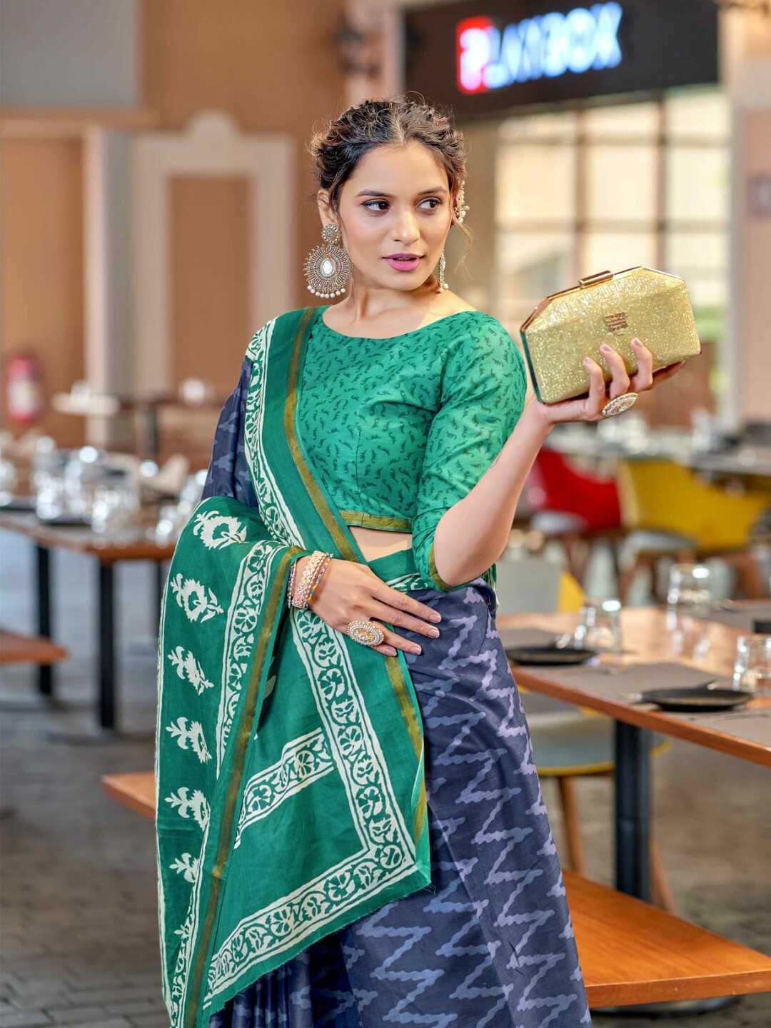 Elegant Bottle Green Printed Pure Cotton Saree with Ethnic Border