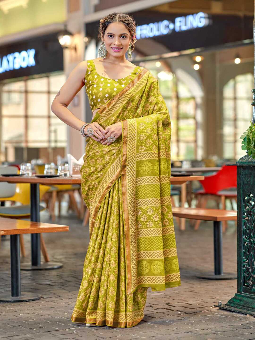 Graceful Olive Green Printed Pure Cotton Saree with Subtle Zari Border