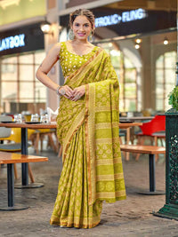 Graceful Olive Green Printed Pure Cotton Saree with Subtle Zari Border