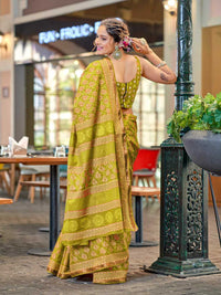 Graceful Olive Green Printed Pure Cotton Saree with Subtle Zari Border