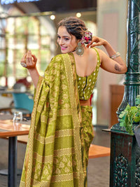 Graceful Olive Green Printed Pure Cotton Saree with Subtle Zari Border