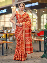 Graceful Olive Green Printed Pure Cotton Saree with Subtle Zari Border