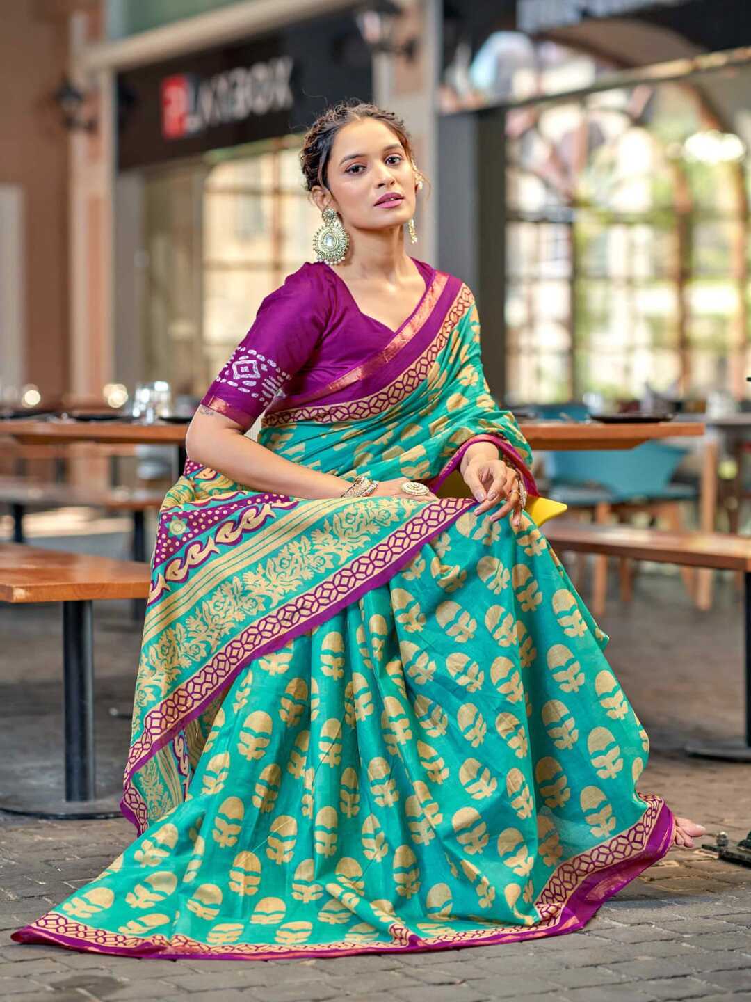 Elegant Teal & Magenta Printed Pure Cotton Saree with Traditional Border