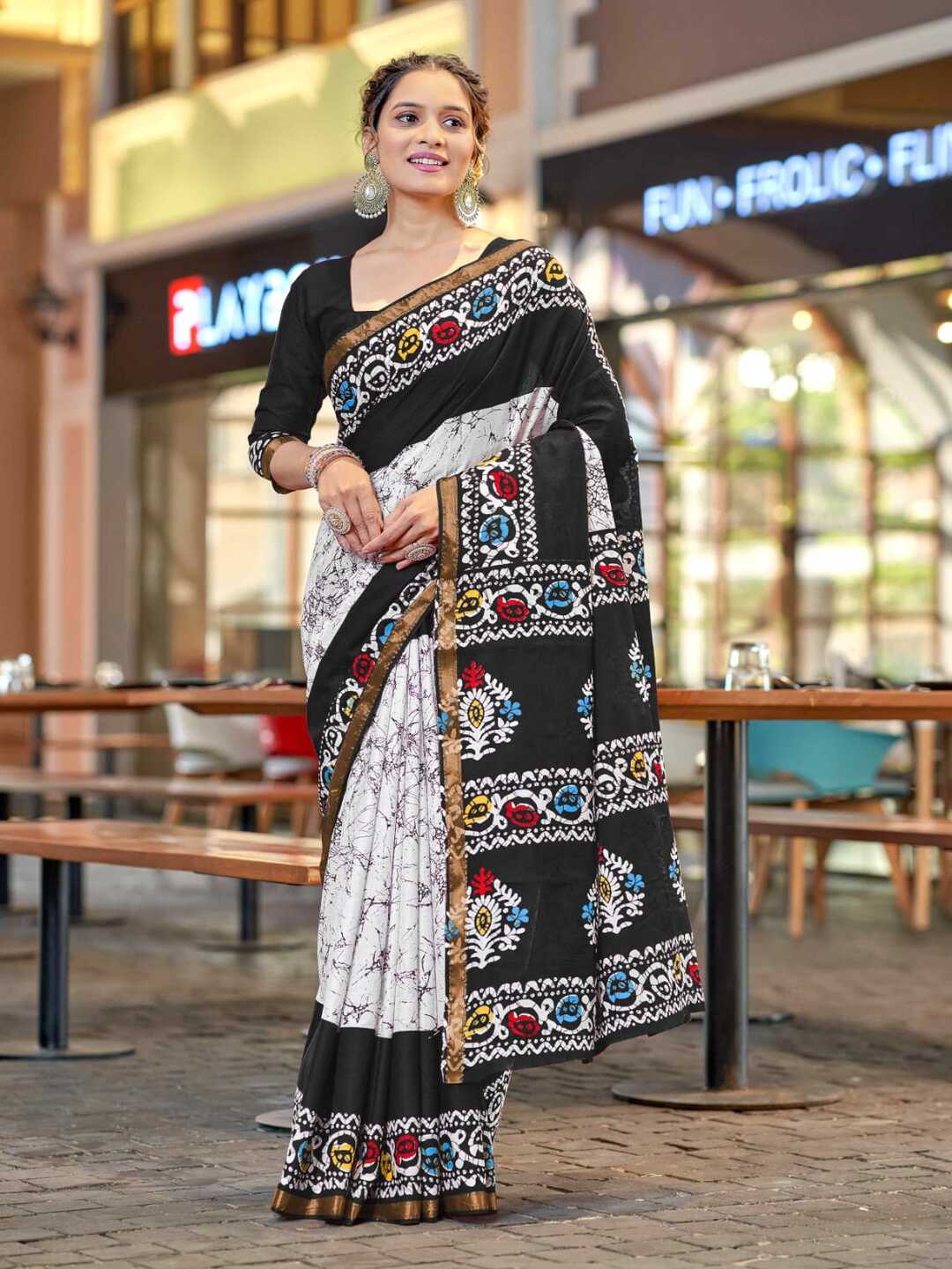 Chic Black & White Printed Pure Cotton Saree with Multicolor Accents