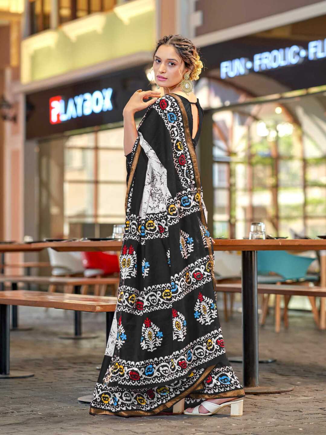 Chic Black & White Printed Pure Cotton Saree with Multicolor Accents