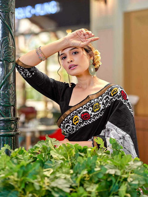 Chic Black & White Printed Pure Cotton Saree with Multicolor Accents