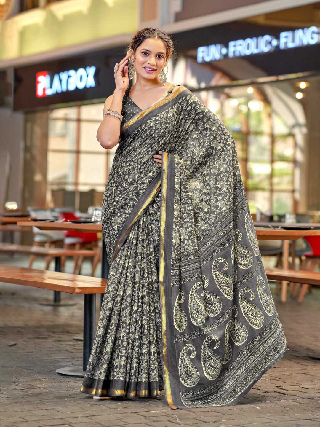 Graceful Green Printed Pure Cotton Saree with Ethnic Motifs