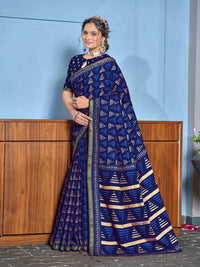Royal Navy Blue Printed Pure Cotton Saree with Subtle Golden Border
