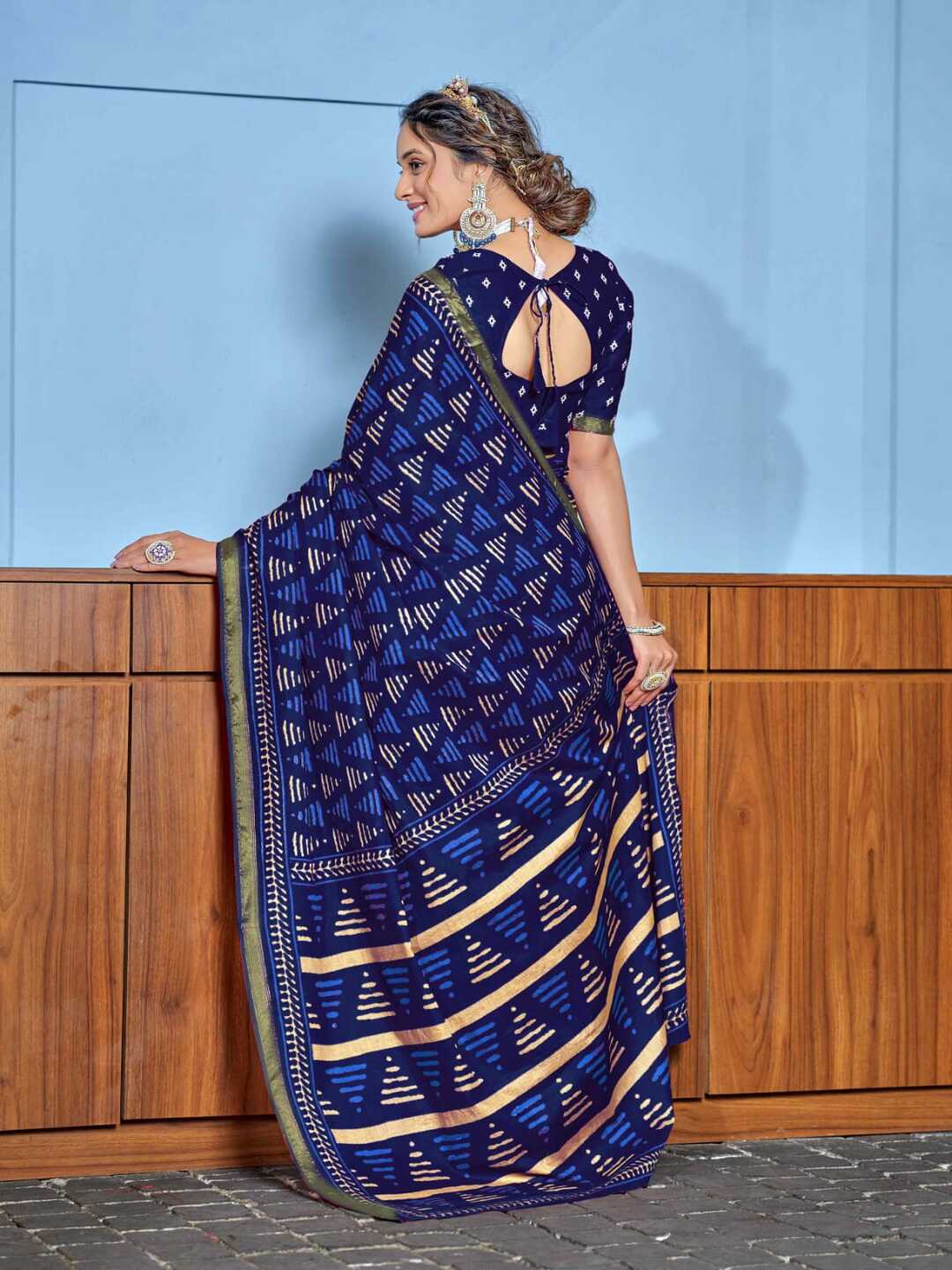 Royal Navy Blue Printed Pure Cotton Saree with Subtle Golden Border