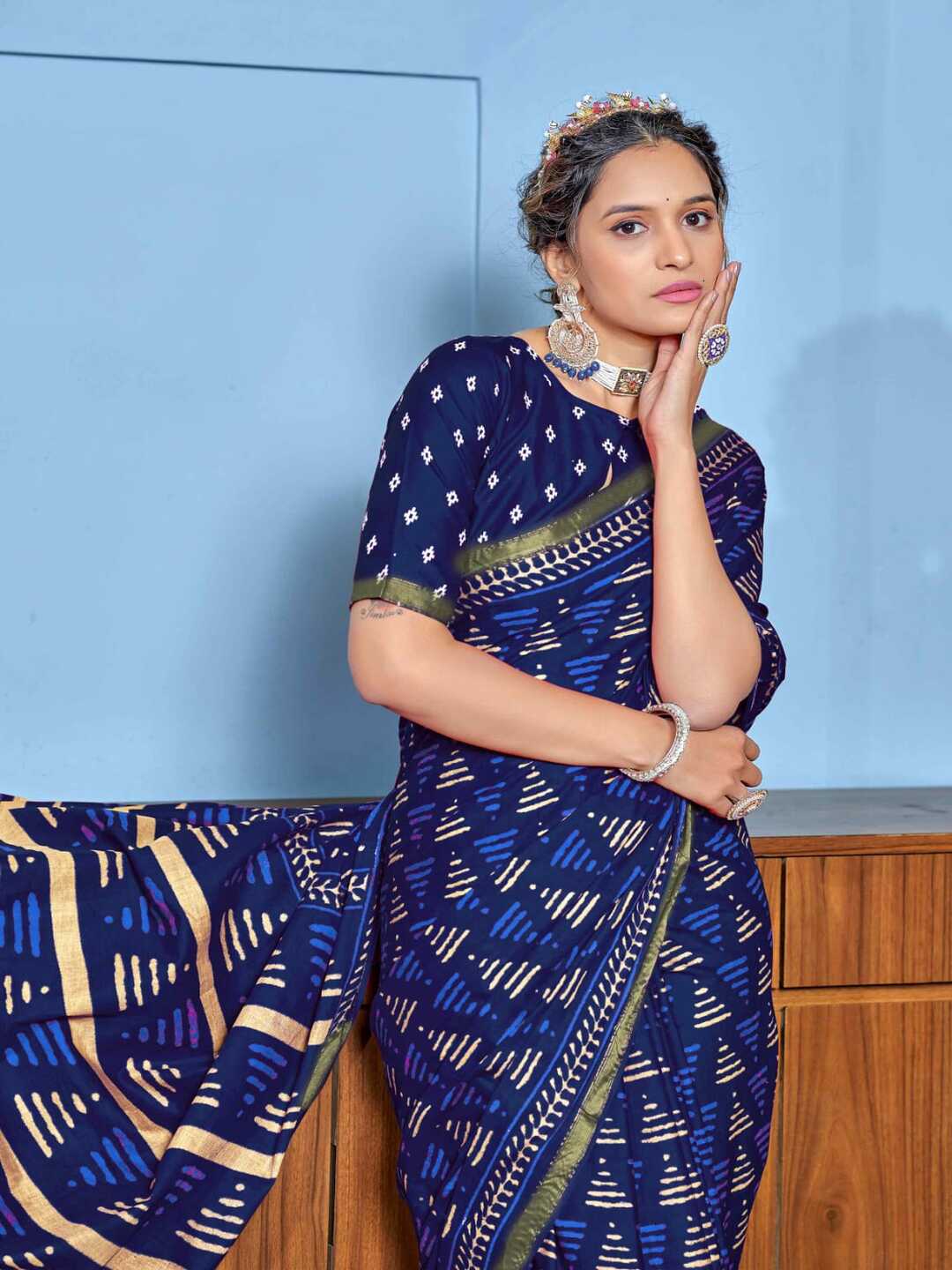 Royal Navy Blue Printed Pure Cotton Saree with Subtle Golden Border