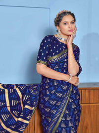Royal Navy Blue Printed Pure Cotton Saree with Subtle Golden Border