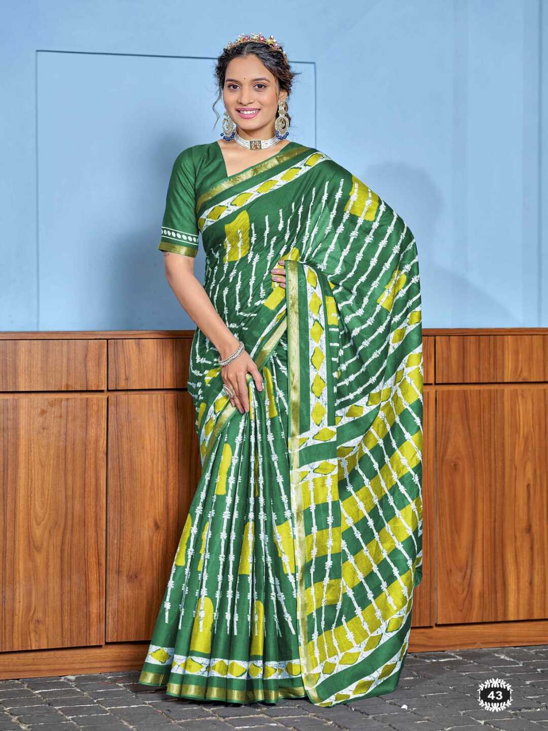 Fresh Green Printed Pure Cotton Saree with Yellow Accents & Elegant Border