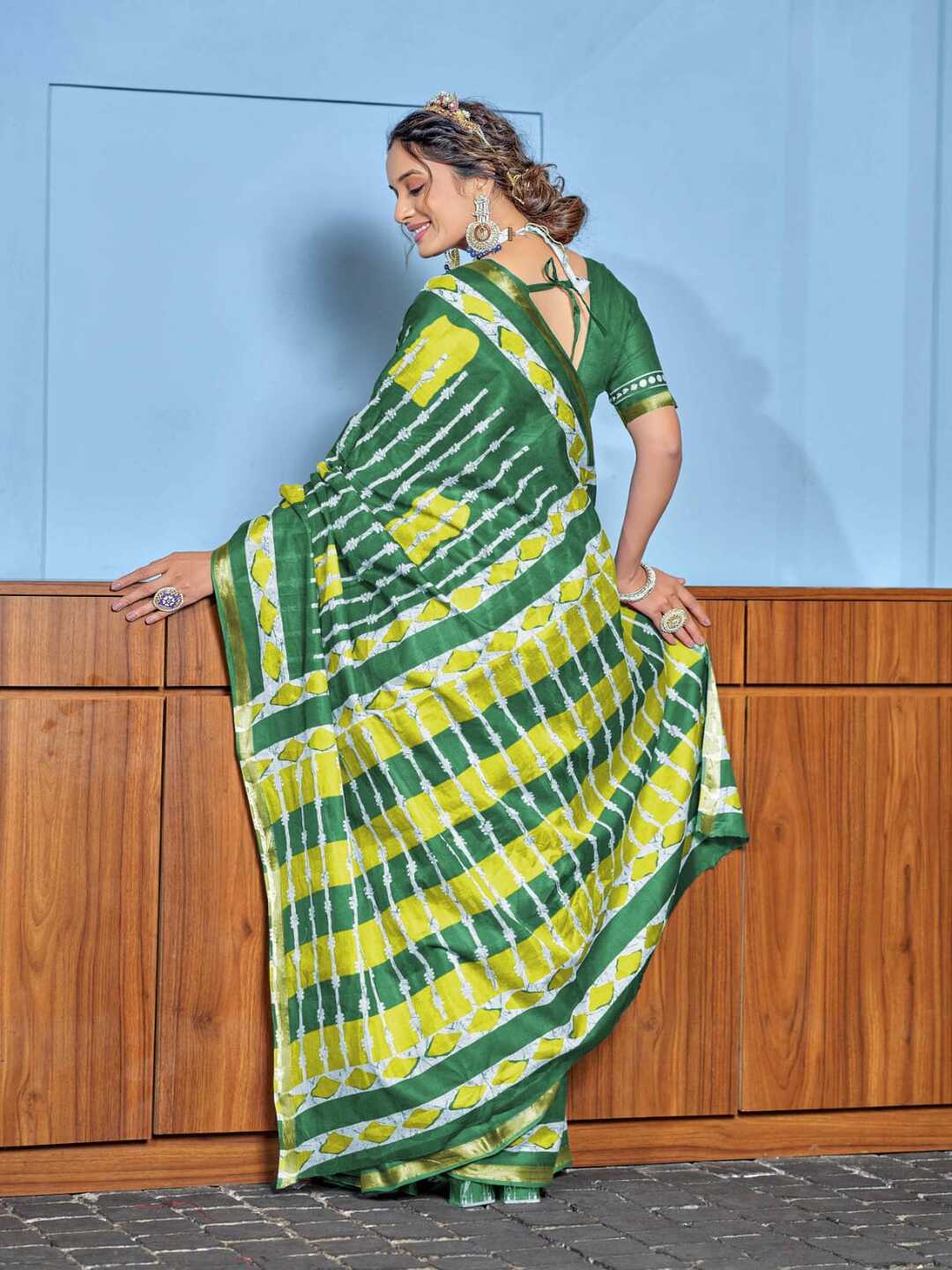 Fresh Green Printed Pure Cotton Saree with Yellow Accents & Elegant Border