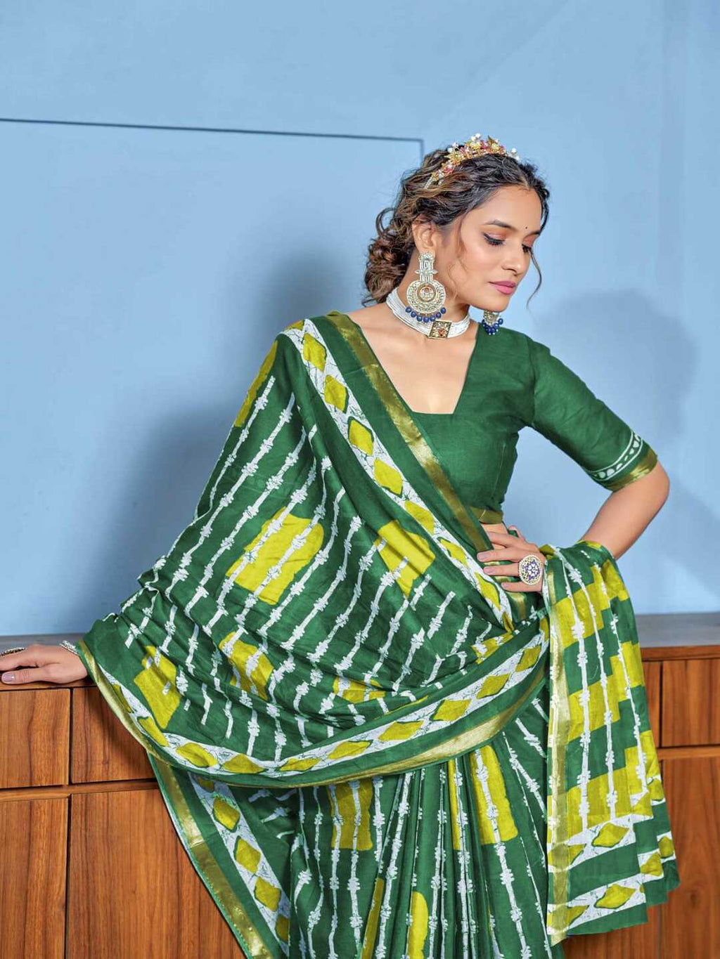 Fresh Green Printed Pure Cotton Saree with Yellow Accents & Elegant Border