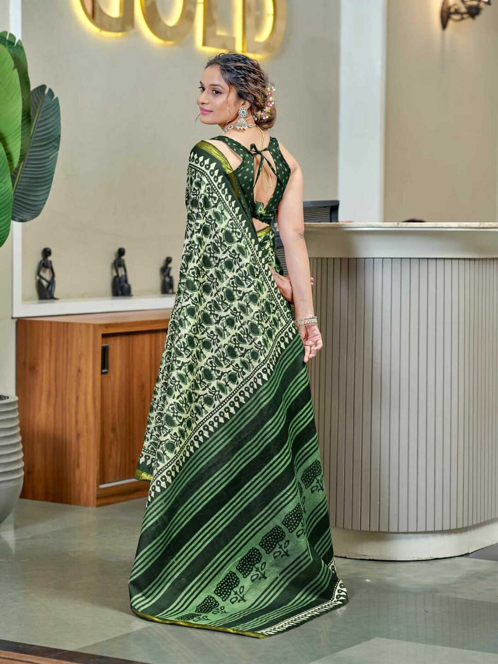 Elegant Forest Green Handblock Printed Pure Cotton Saree with Golden Border