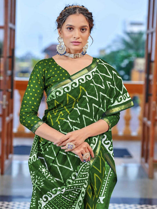 Classic Dark Green Ethnic Print Pure Cotton Saree with Traditional Motifs