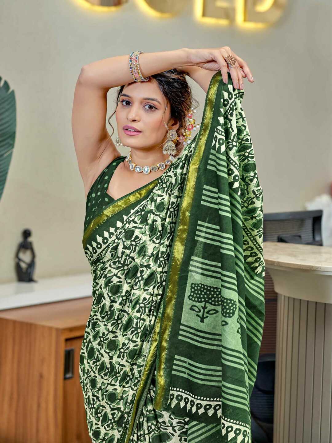 Elegant Forest Green Handblock Printed Pure Cotton Saree with Golden Border