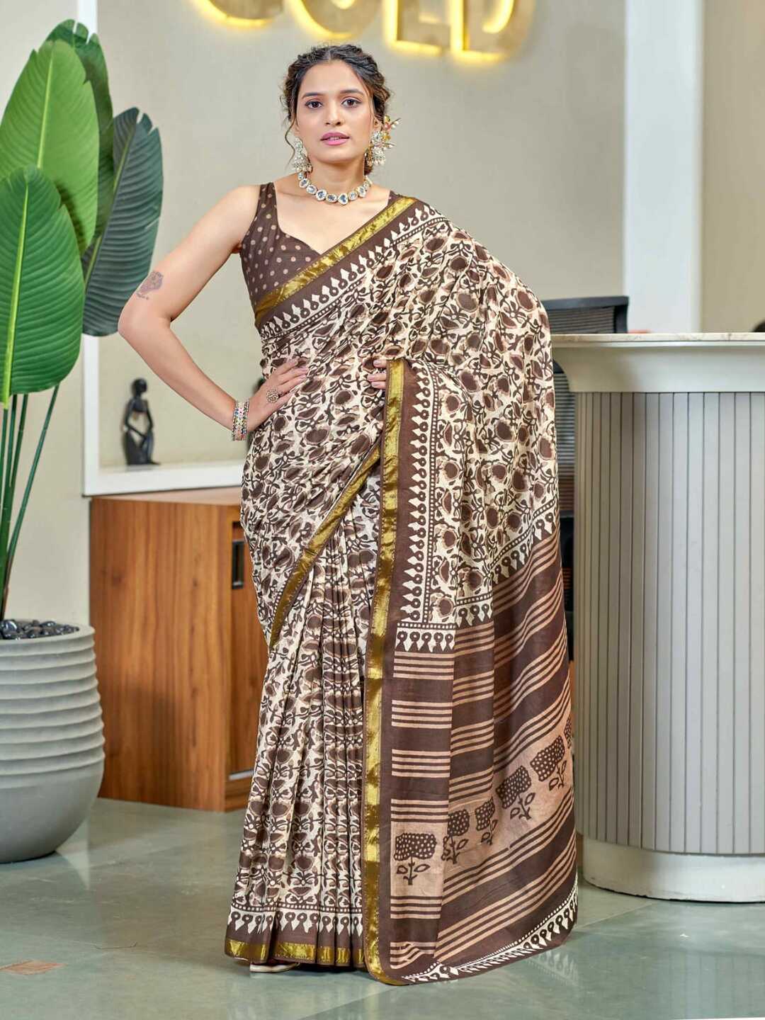 Elegant Forest Green Handblock Printed Pure Cotton Saree with Golden Border