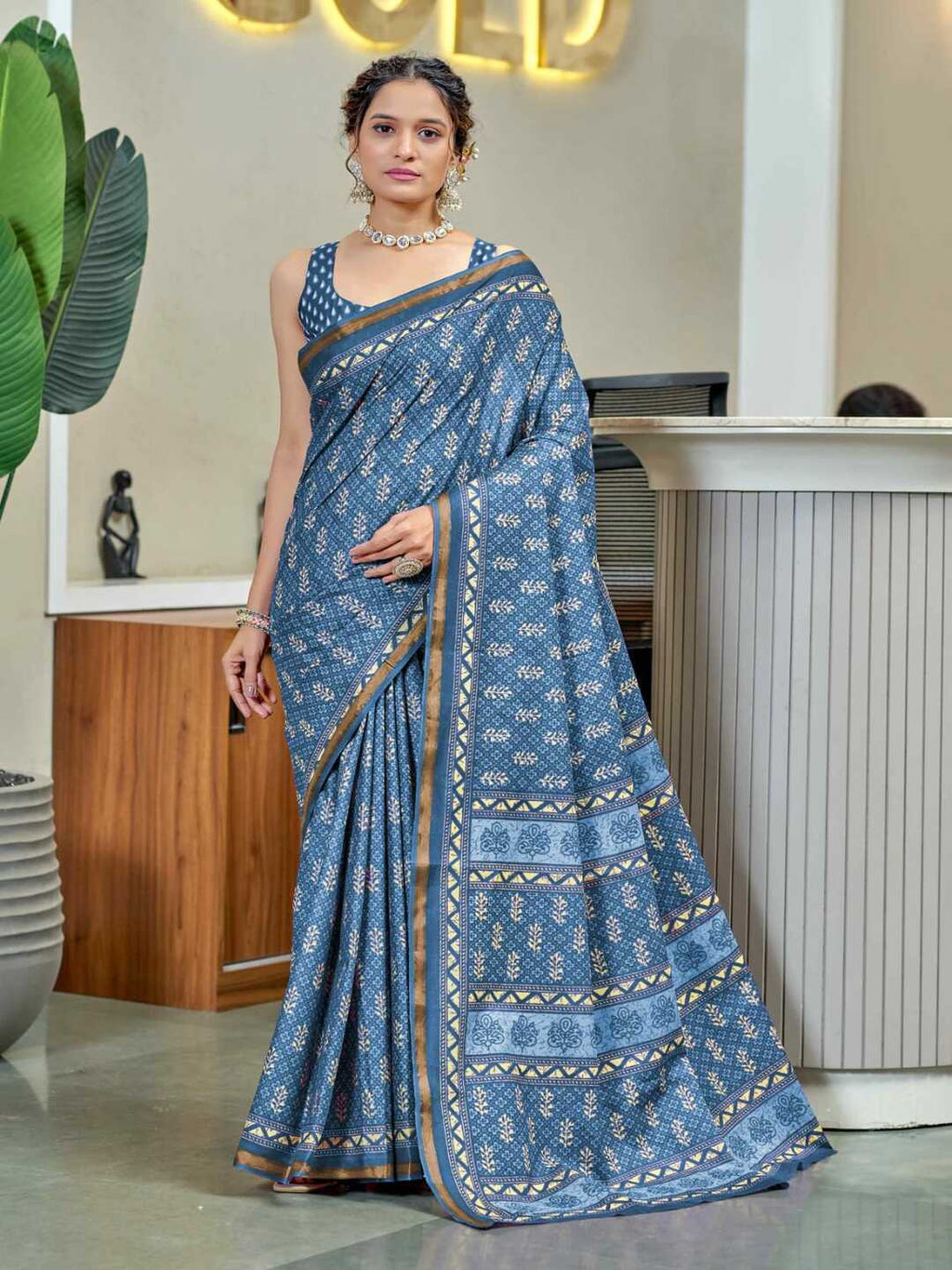 Elegant Dusty Blue Printed Pure Cotton Saree with Intricate Border