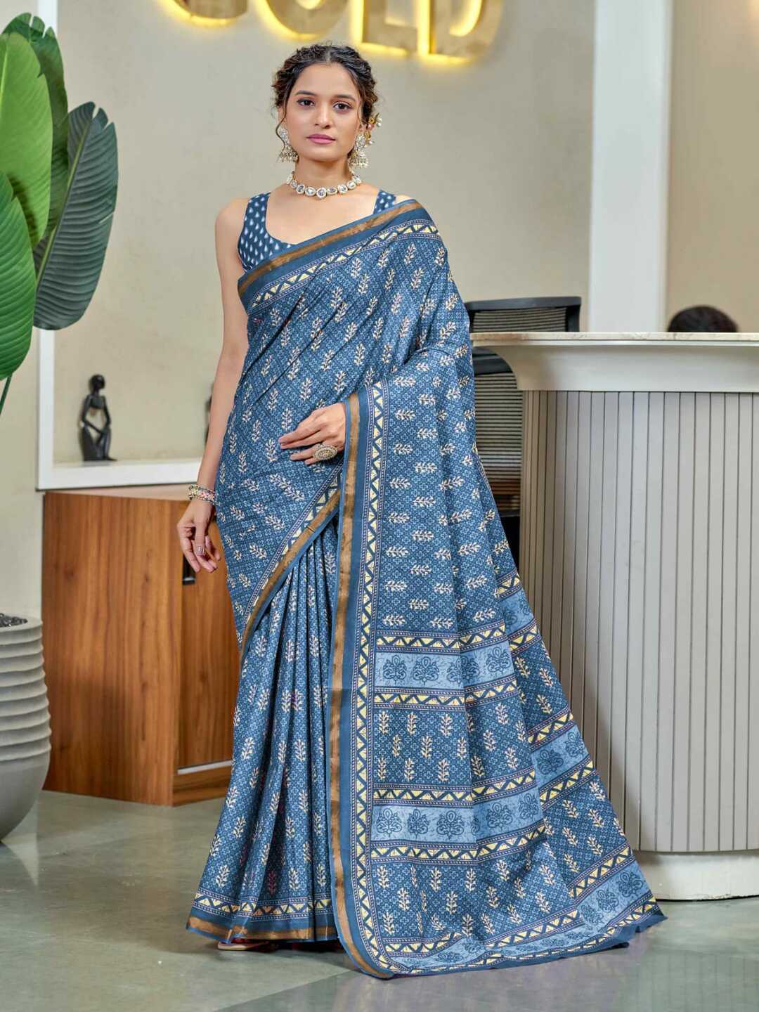 Elegant Dusty Blue Printed Pure Cotton Saree with Intricate Border