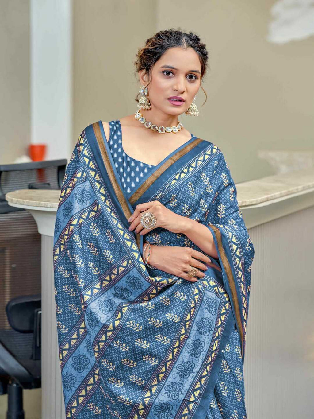 Elegant Dusty Blue Printed Pure Cotton Saree with Intricate Border