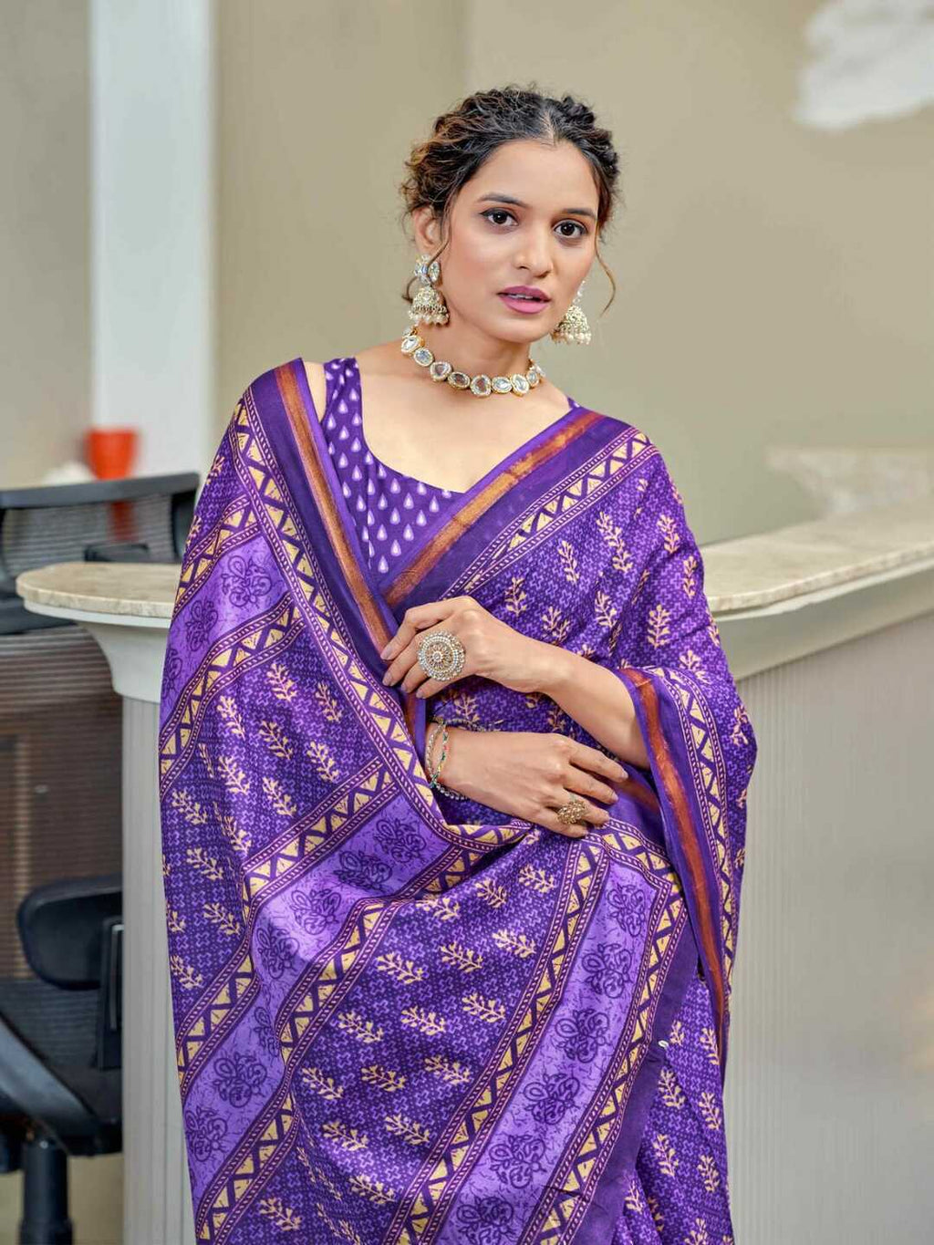 Elegant Dusty Blue Printed Pure Cotton Saree with Intricate Border