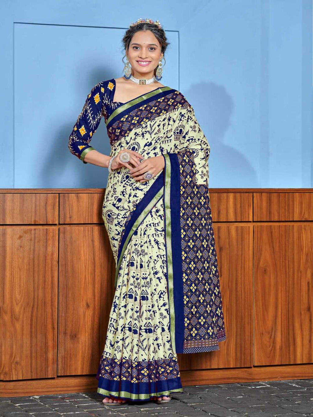 Elegant Cream Blue Tribal Print Pure Cotton Saree