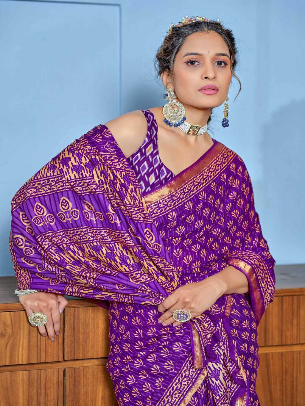 Royal Purple Ethnic Print Pure Cotton Saree with Golden Border