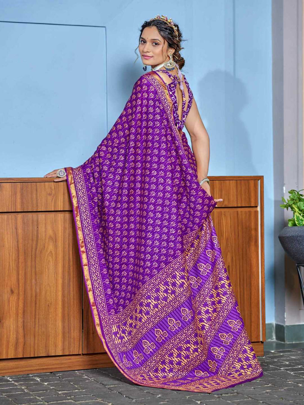 Royal Purple Ethnic Print Pure Cotton Saree with Golden Border