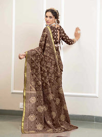 Classic Brown Handblock Style Printed Pure Cotton Saree with Subtle Gold Border