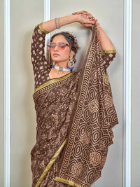 Classic Brown Handblock Style Printed Pure Cotton Saree with Subtle Gold Border