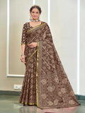 Classic Brown Handblock Style Printed Pure Cotton Saree with Subtle Gold Border