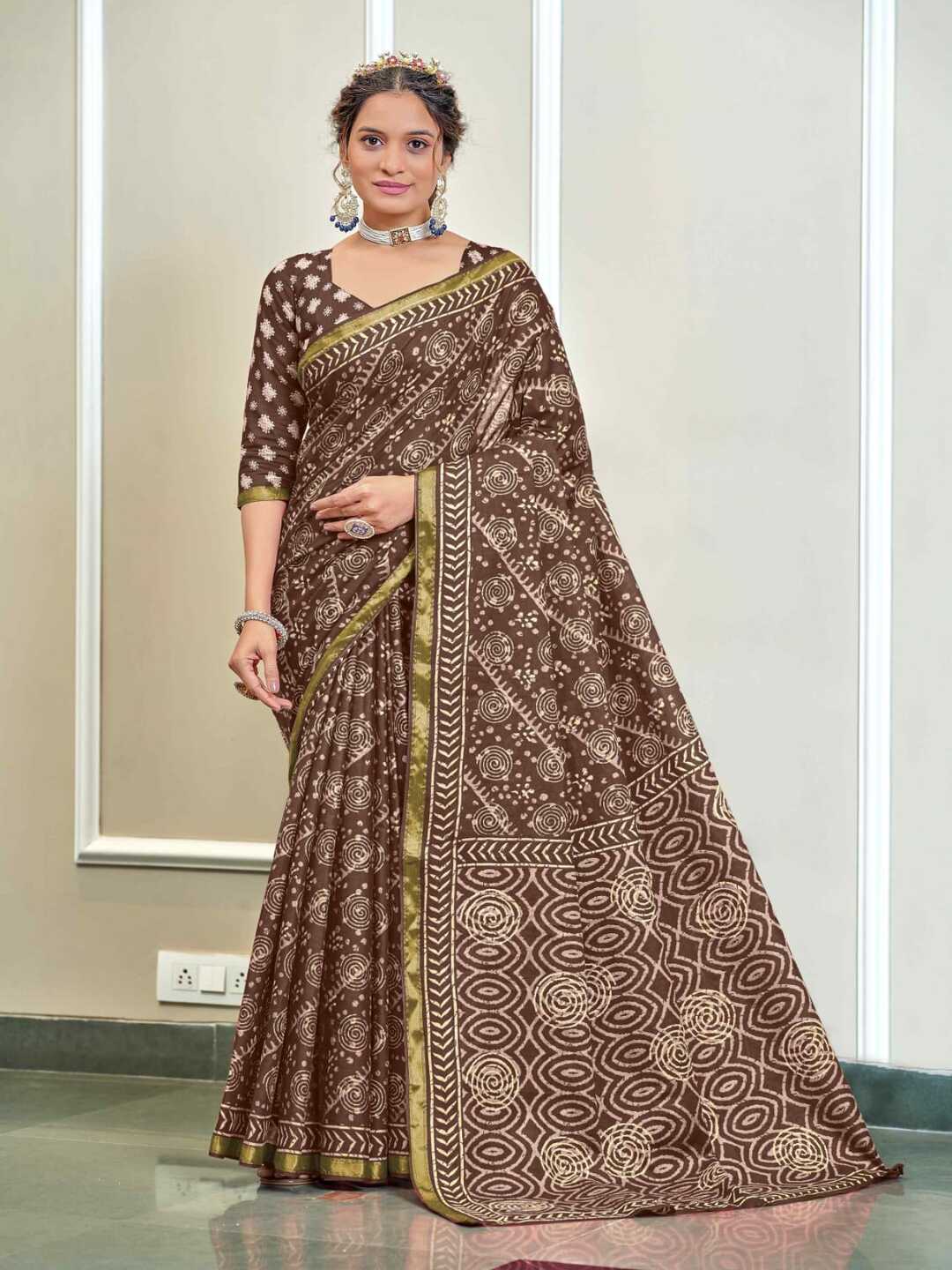 Classic Brown Handblock Style Printed Pure Cotton Saree with Subtle Gold Border