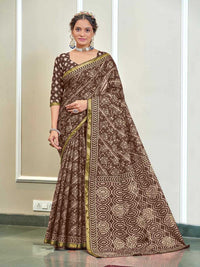 Classic Brown Handblock Style Printed Pure Cotton Saree with Subtle Gold Border