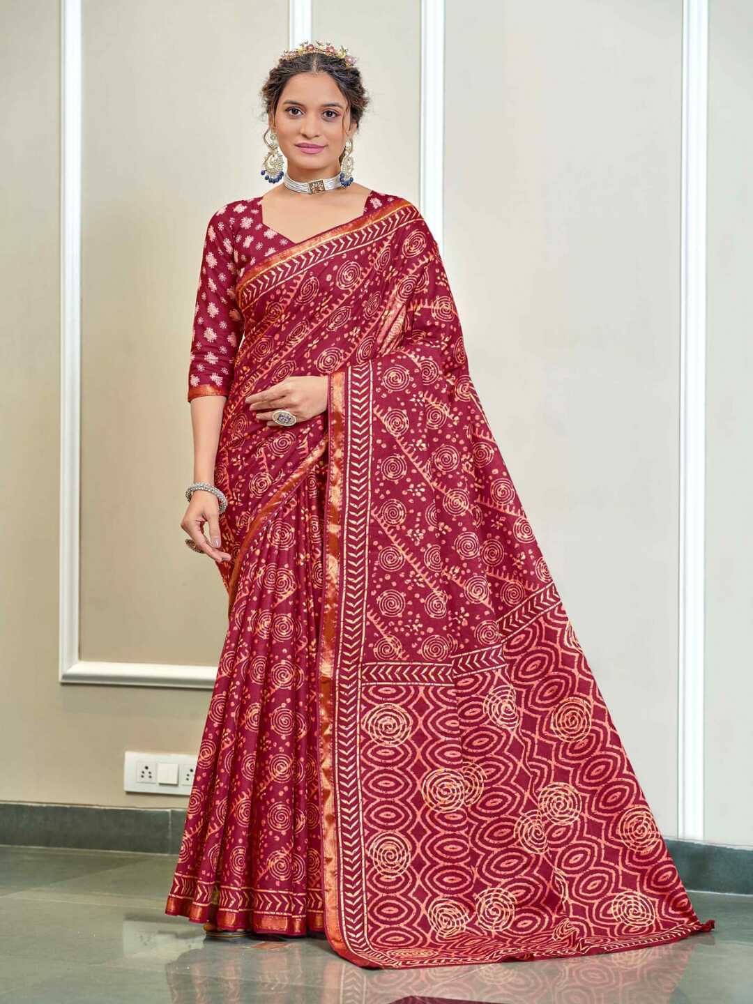 Classic Brown Handblock Style Printed Pure Cotton Saree with Subtle Gold Border