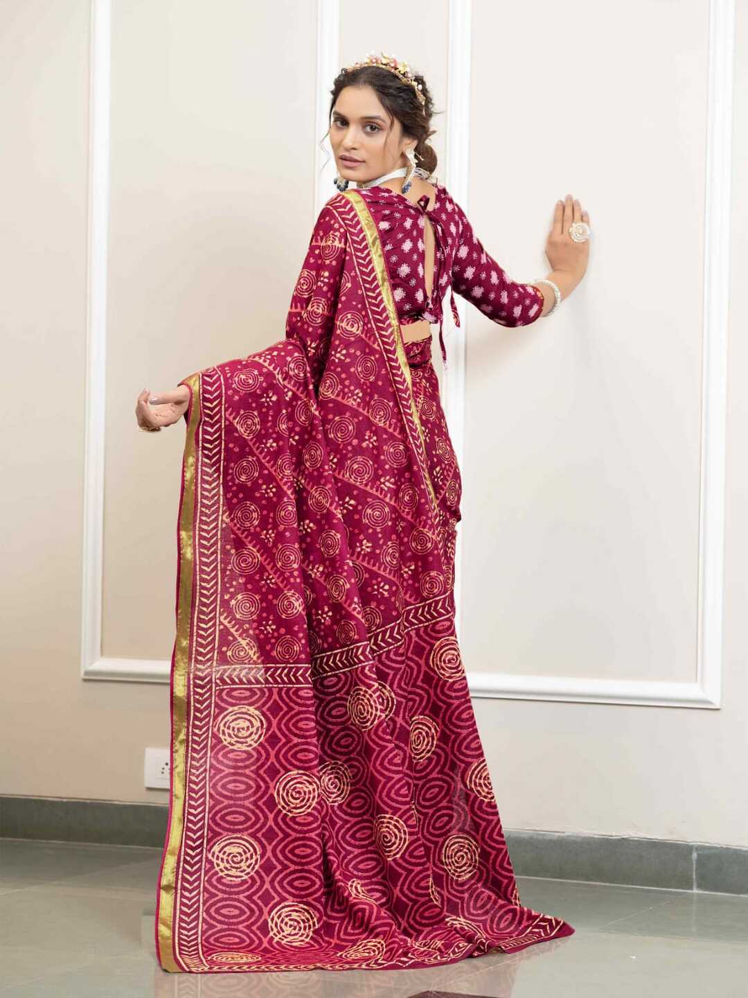 Classic Brown Handblock Style Printed Pure Cotton Saree with Subtle Gold Border