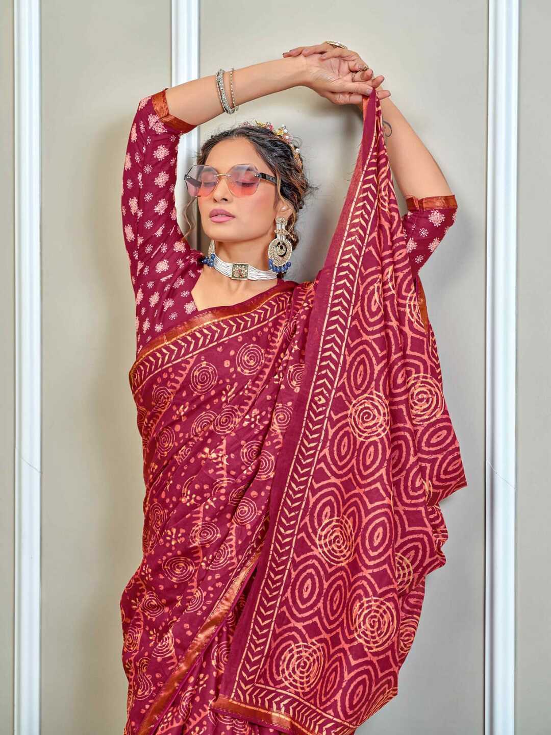 Classic Brown Handblock Style Printed Pure Cotton Saree with Subtle Gold Border