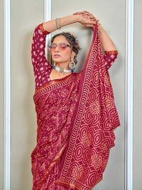 Classic Brown Handblock Style Printed Pure Cotton Saree with Subtle Gold Border