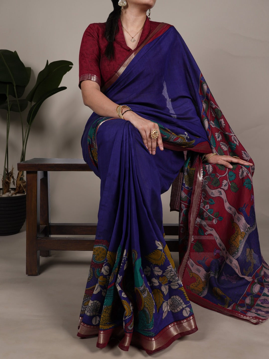 Elegant Mustard & Forest Green Kalamkari Style Printed Saree with Artistic Pallu