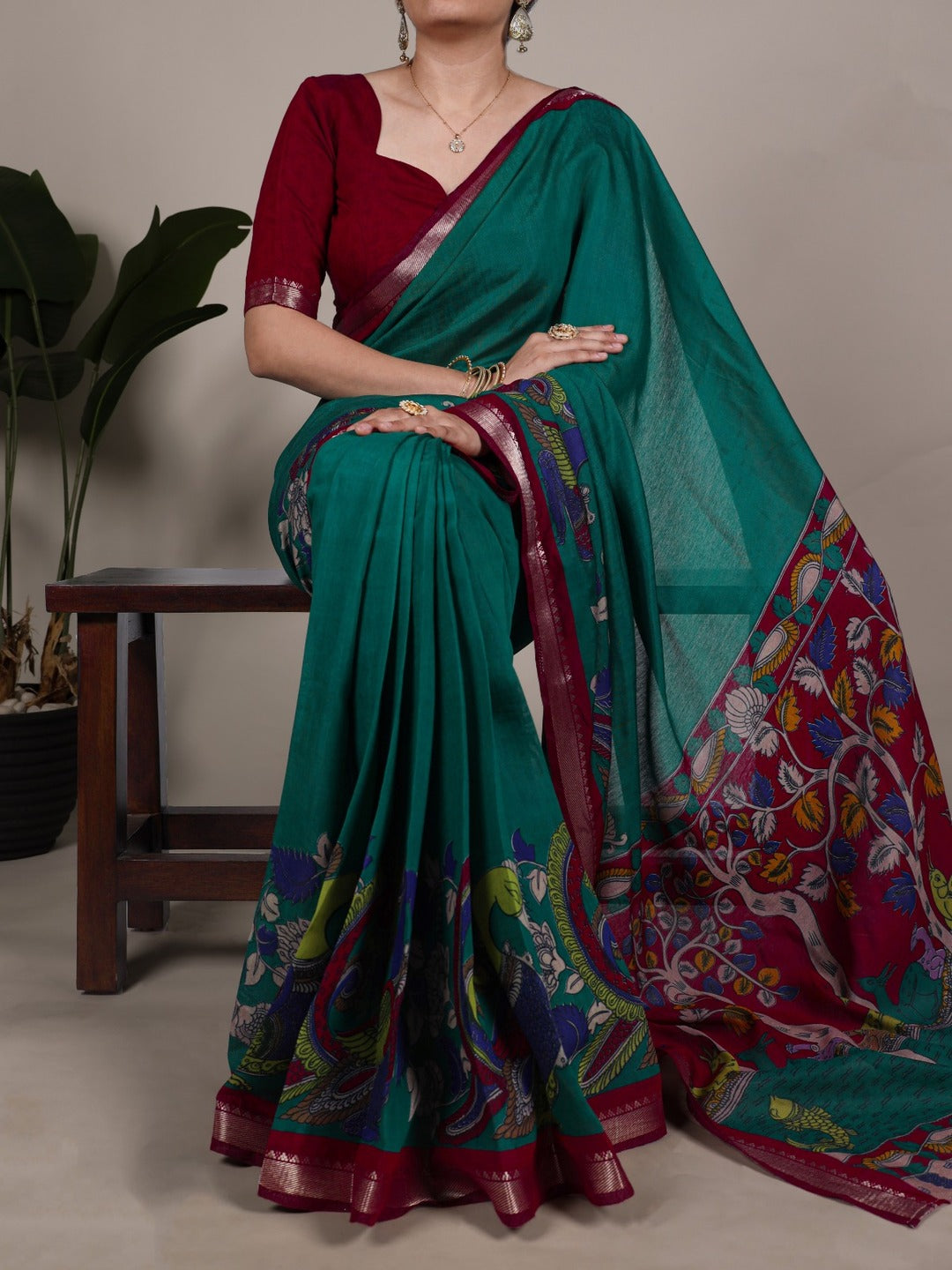 Elegant Mustard & Forest Green Kalamkari Style Printed Saree with Artistic Pallu