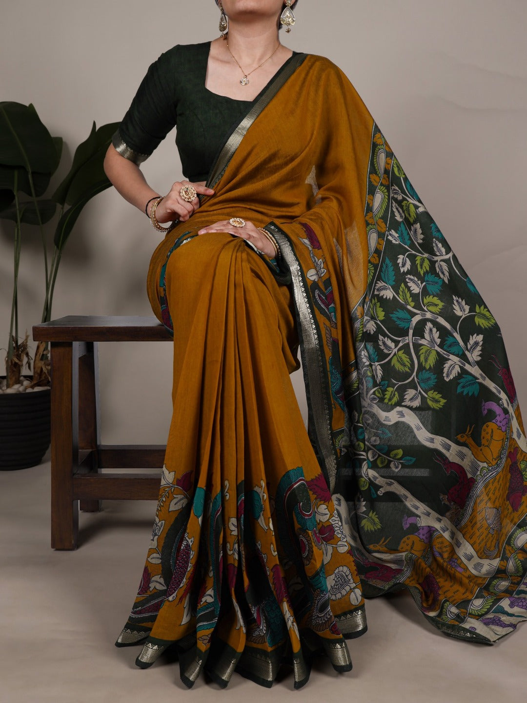 Elegant Mustard & Forest Green Kalamkari Style Printed Saree with Artistic Pallu