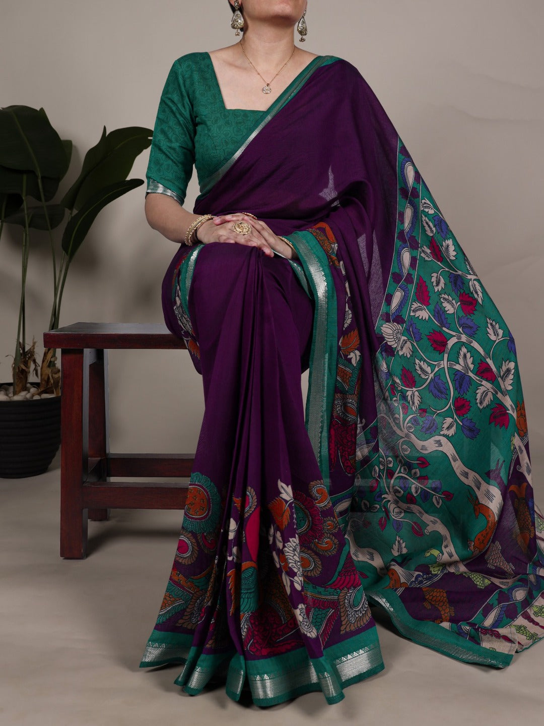 Elegant Mustard & Forest Green Kalamkari Style Printed Saree with Artistic Pallu