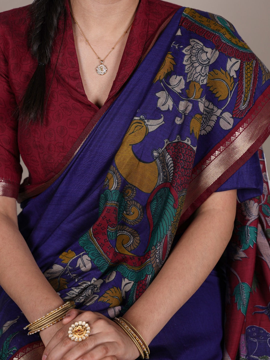 Elegant Mustard & Forest Green Kalamkari Style Printed Saree with Artistic Pallu
