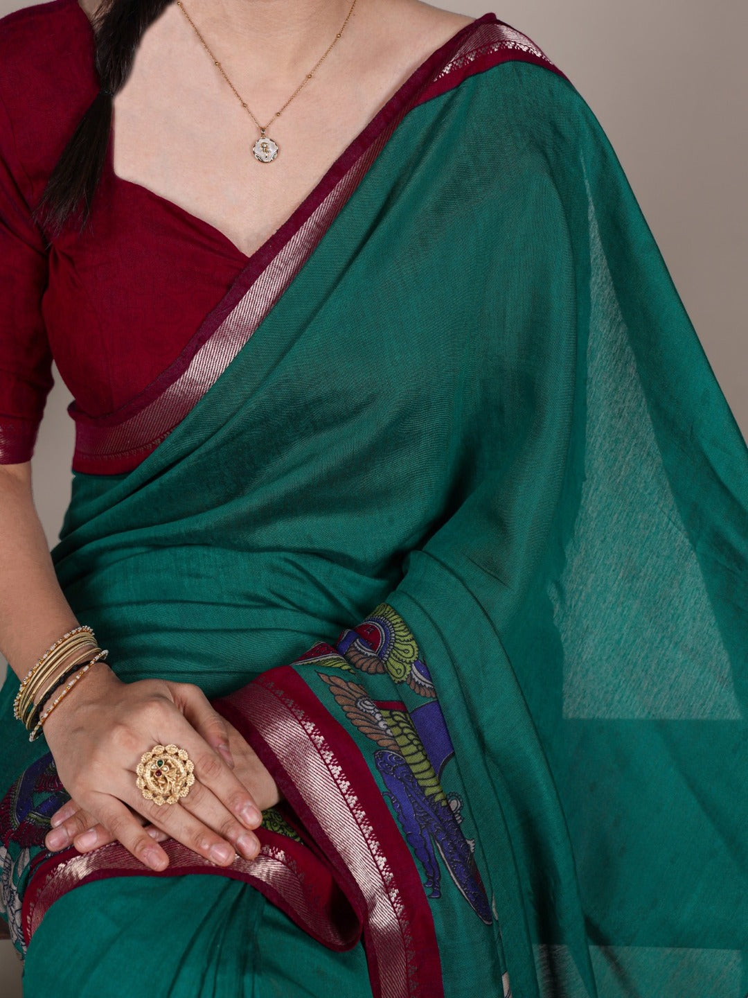 Elegant Mustard & Forest Green Kalamkari Style Printed Saree with Artistic Pallu