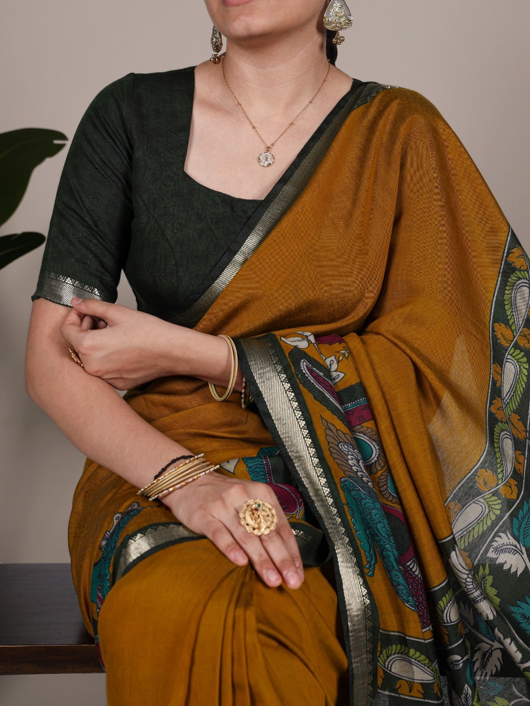 Elegant Mustard & Forest Green Kalamkari Style Printed Saree with Artistic Pallu