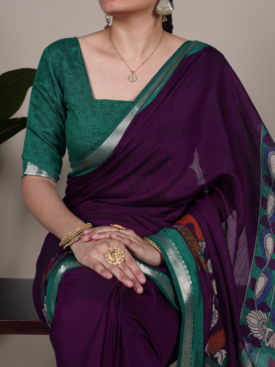 Elegant Mustard & Forest Green Kalamkari Style Printed Saree with Artistic Pallu